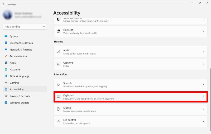 Open the Accessibility settings and click Keyboard in the right-hand column